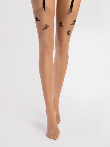 Fiore - Sheer stockings with a charming butterfly motif and a close fitting flat top